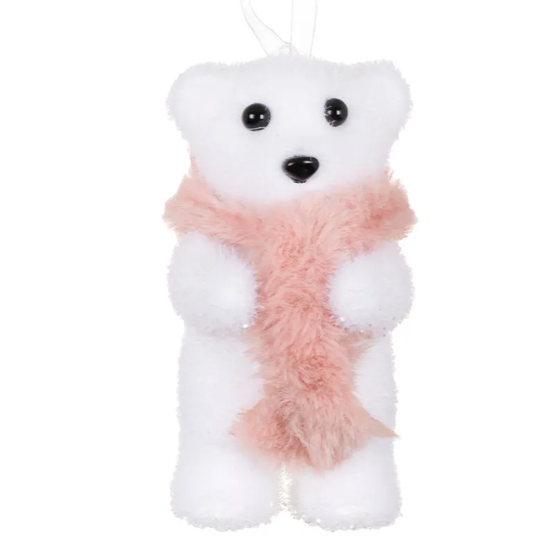 Ornament Brad Crăciun Ursuleț Spumă cu Fular Roz 11 cm Alb