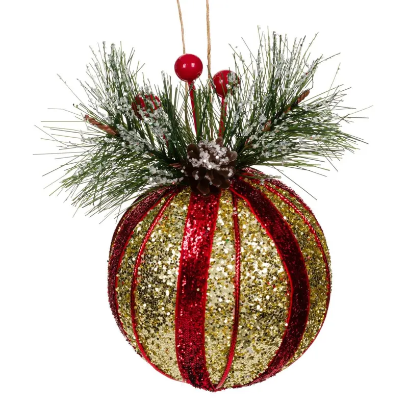 Ornament Crăciun Glob din Spumă cu Glitter și Ramură de Pin Roșu-Auriu 8 cm