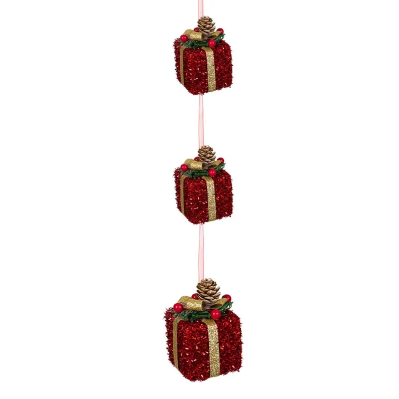 Decoratiune Crăciun Spumă Roșie cu Glitter și Panglică Set 3 Bucăți