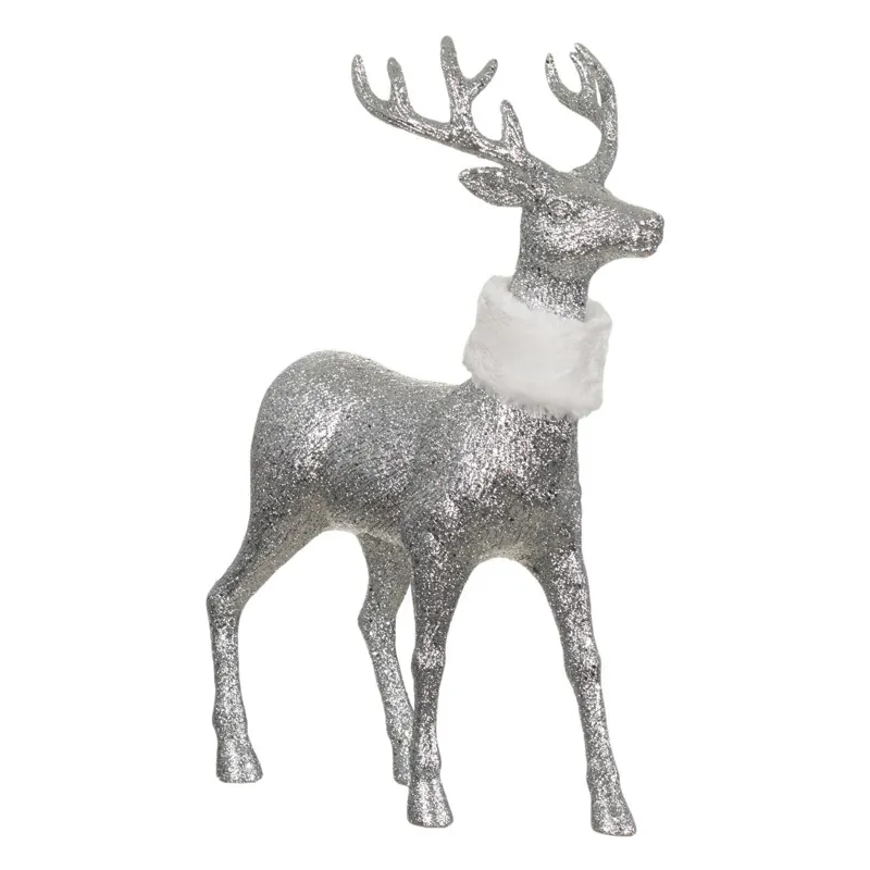 Figurina Decorativă de Crăciun Ren Glitter Argintiu și Blană Albă 27cm