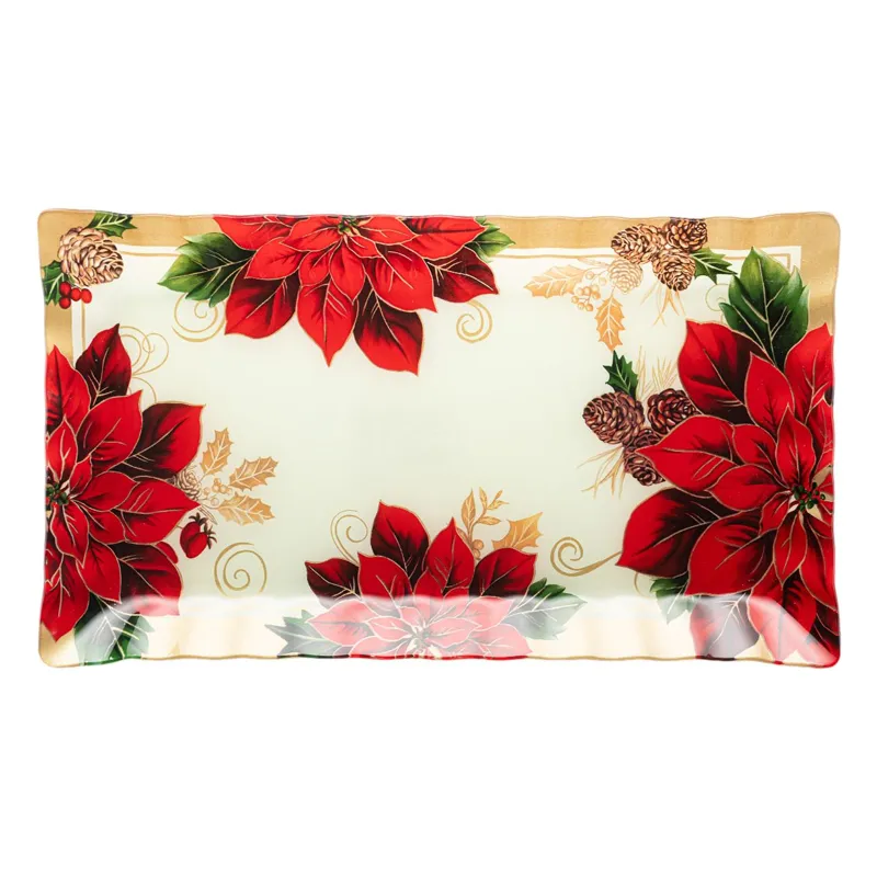 Platou Crăciun Sticlă Crăciunițe și Vâsc Ecru Roșu 42x24cm