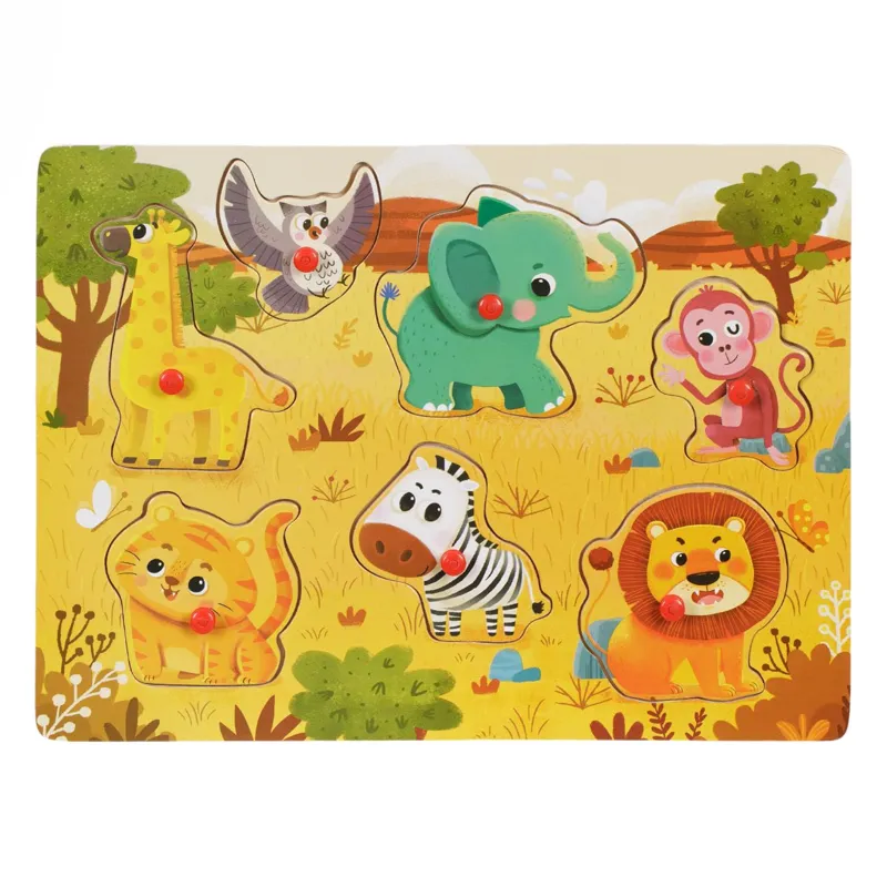 Puzzle Incastru din Lemn Animale de Ferma, 7 Piese, 30x22cm, Multicolor