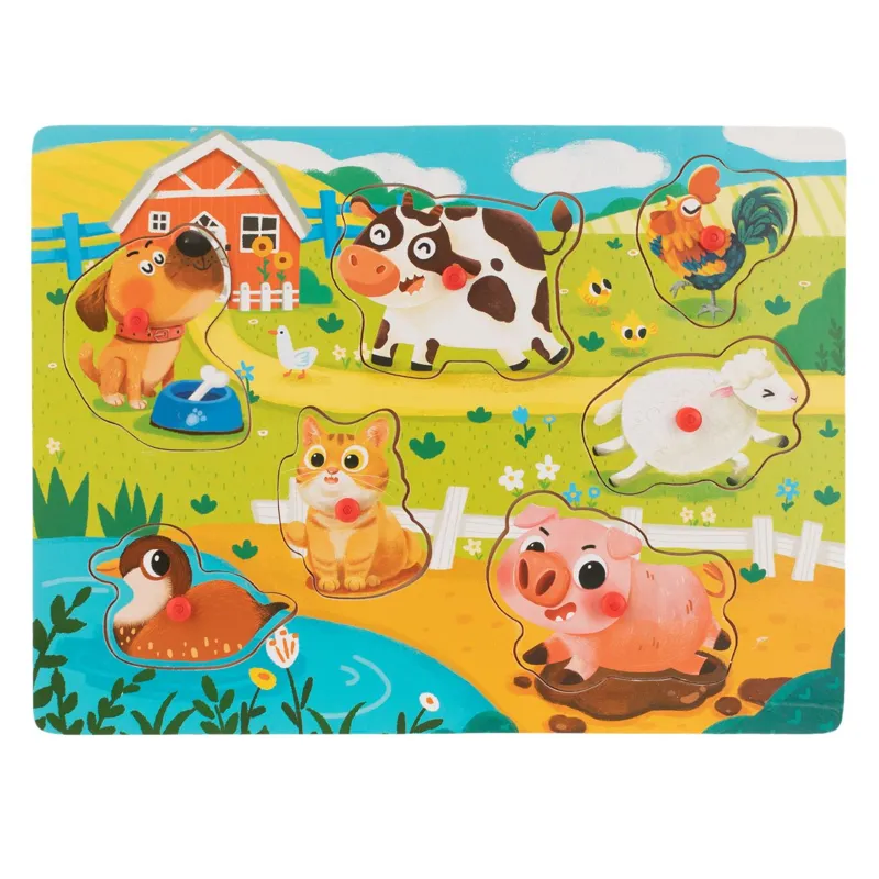 Puzzle din lemn animale de la fermă, 7 piese multicolor