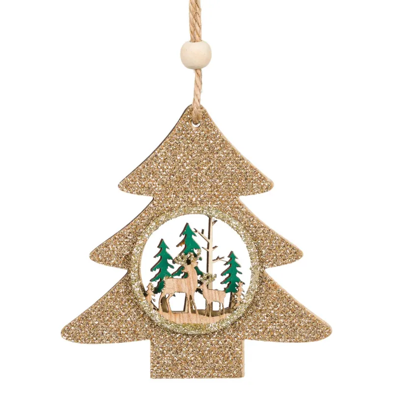 Ornament de Crăciun din Lemn Brad Glitter 9 cm