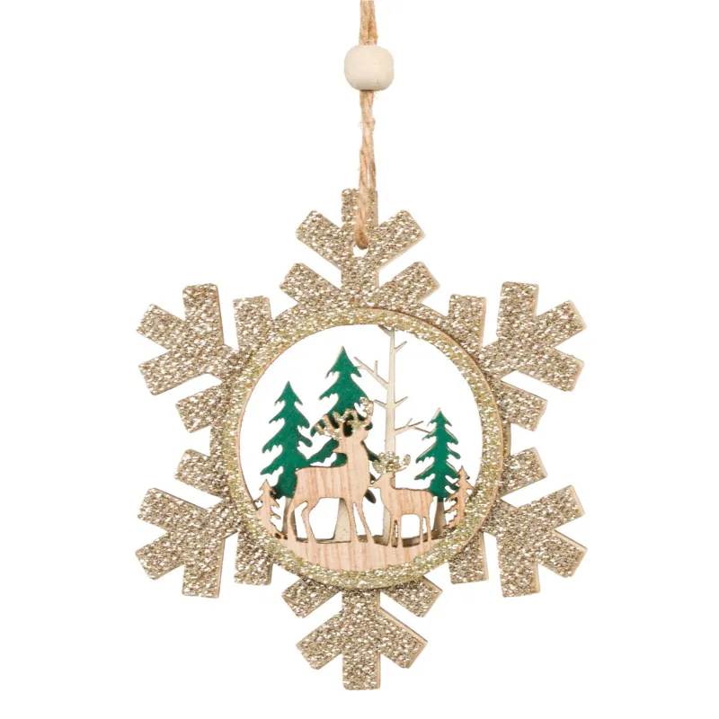 Ornament Fulg de Zăpadă din Lemn cu Glitter Bej, Design Rustic pentru Crăciun