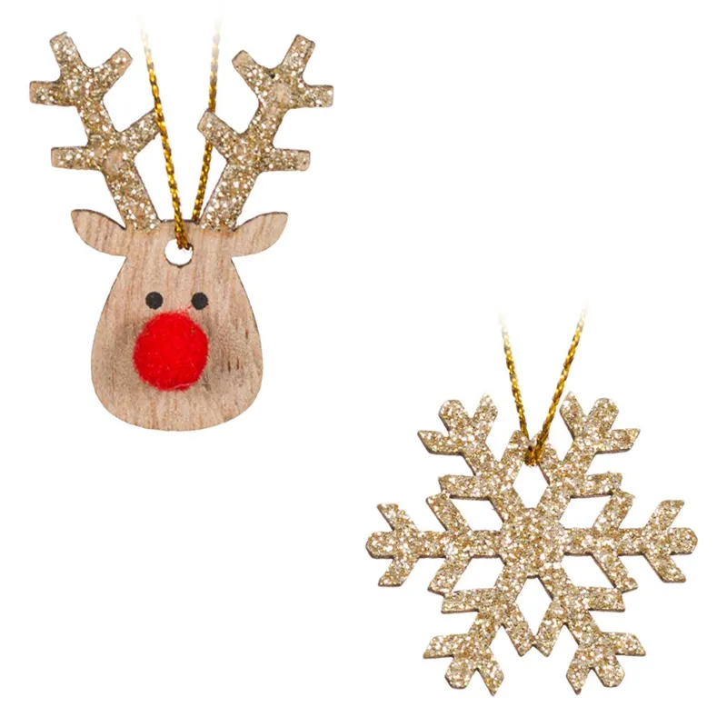 Ornamente de lemn Brad de Crăciun Fulgi Cerbi Glitter Bej Set 8 Bucăți