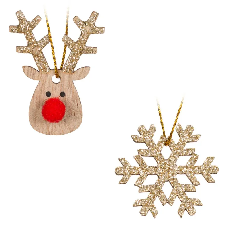 Ornamente de lemn Brad de Crăciun Fulgi Cerbi Glitter Bej Set 8 Bucăți – poza 2