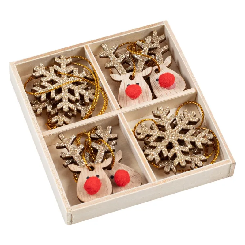 Ornamente de lemn Brad de Crăciun Fulgi Cerbi Glitter Bej Set 8 Bucăți – poza 3