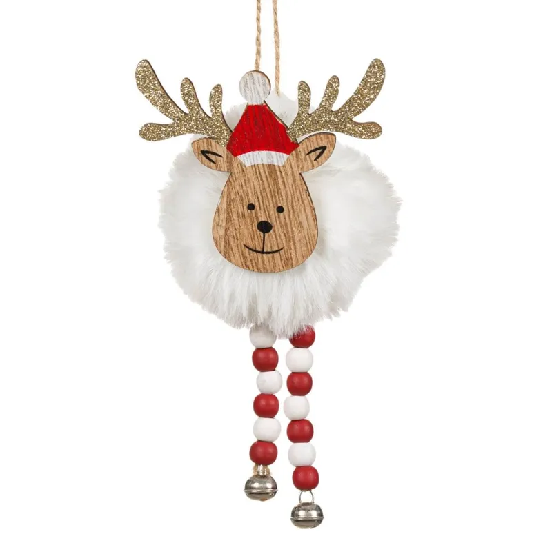 Ornament de Crăciun Cerb din lemn cu glitter auriu și pompon alb