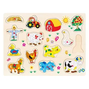 Puzzle din lemn cu animale de la fermă, 14 piese, multicolor