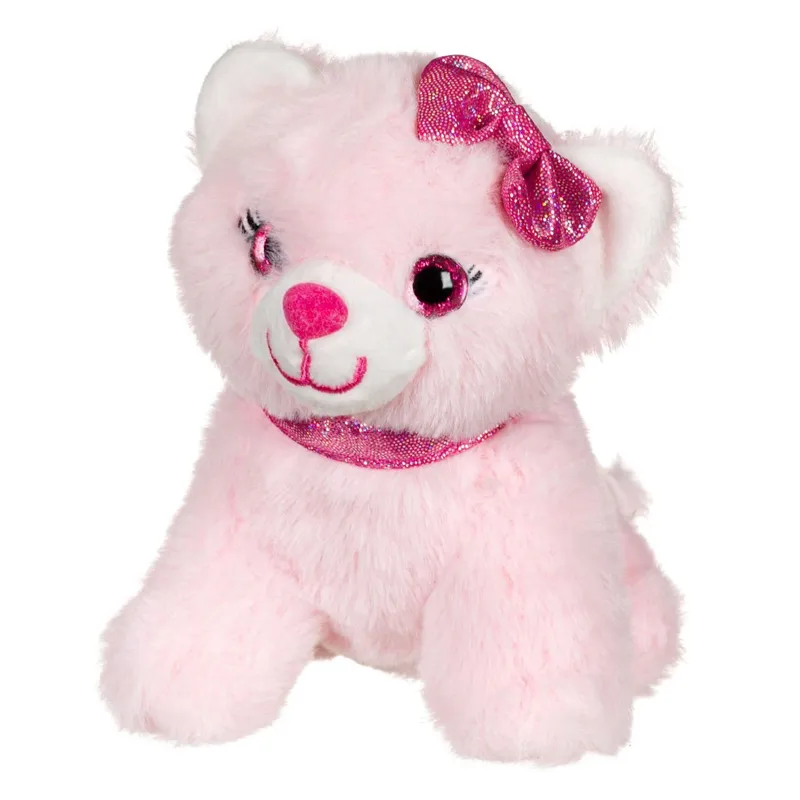 Pisică de plus roz cu funda și zgarda sclipitoare, 14 cm