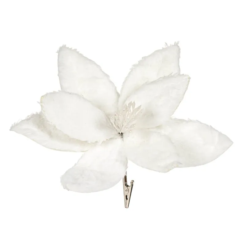 Floare Decorativă de Crăciun - Craciunita de Blană Albă cu Clips