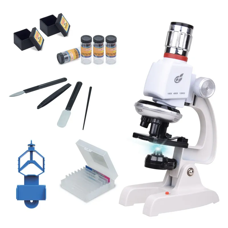 Microscop pentru copii, 100x-1200x, cu valiză și accesorii, Alb