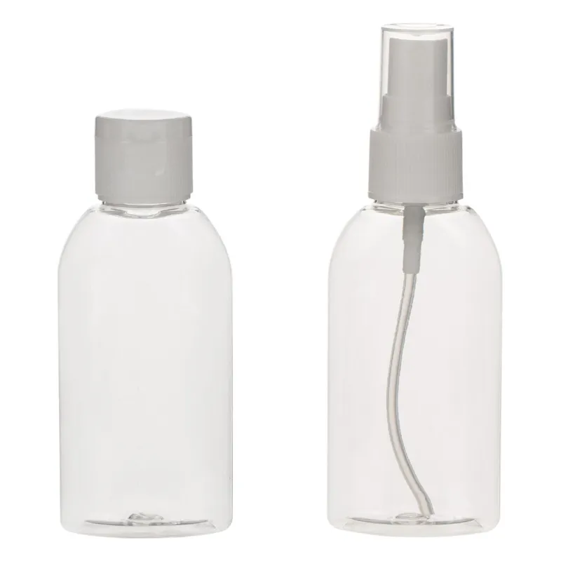 Set sticle călătorie transparente 60 ml cu capac pulverizator și filet