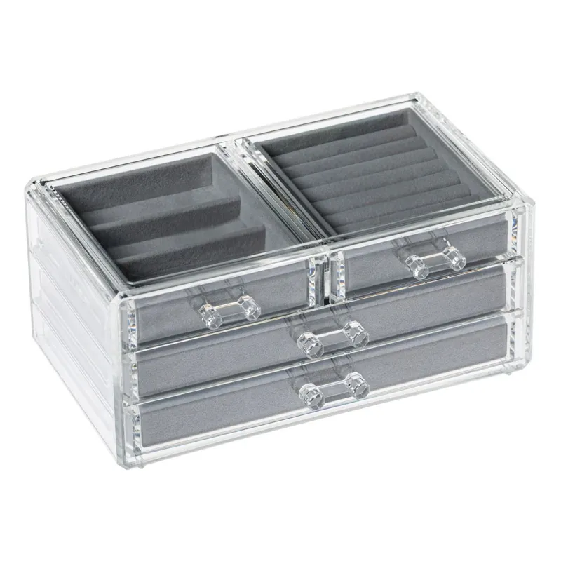 Suport Organizator pentru Bijuterii, Acrilic Transparent cu 4 Sertare Captusite cu Velvet Gri, 24x13.5x13 cm – poza 2
