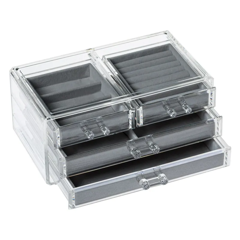 Suport Organizator pentru Bijuterii, Acrilic Transparent cu 4 Sertare Captusite cu Velvet Gri, 24x13.5x13 cm – poza 3