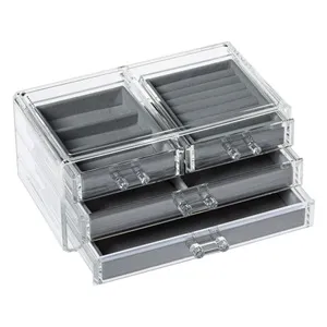 Suport Organizator pentru Bijuterii, Acrilic Transparent cu 4 Sertare Captusite cu Velvet Gri, 24x13.5x13 cm – poza 4