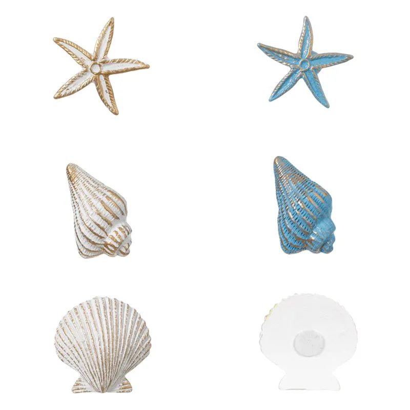 Set 6 autocolante decorative cu stele de mare și scoici, 4.5 cm, alb și albastru cu detalii aurii