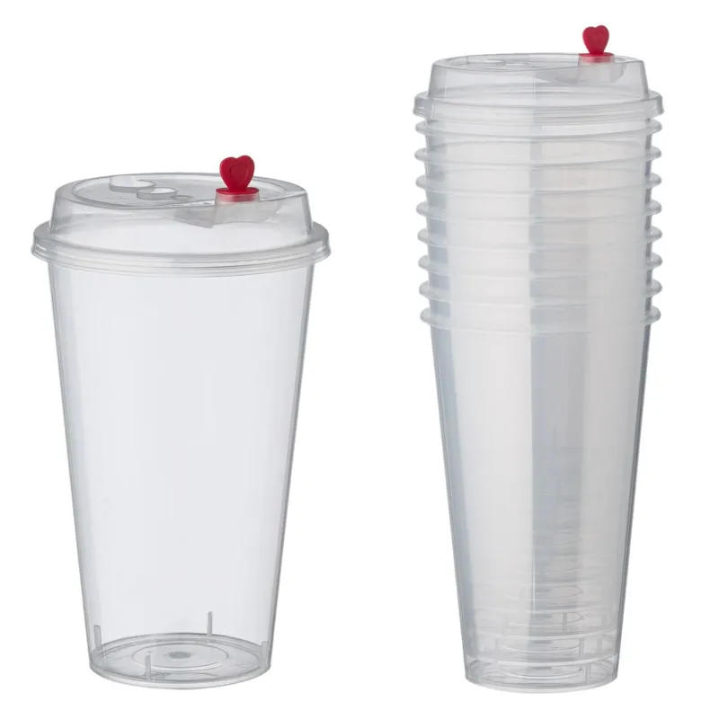 Set 10 Pahare Plastic Transparente cu Capac 500 ml Forma Inima