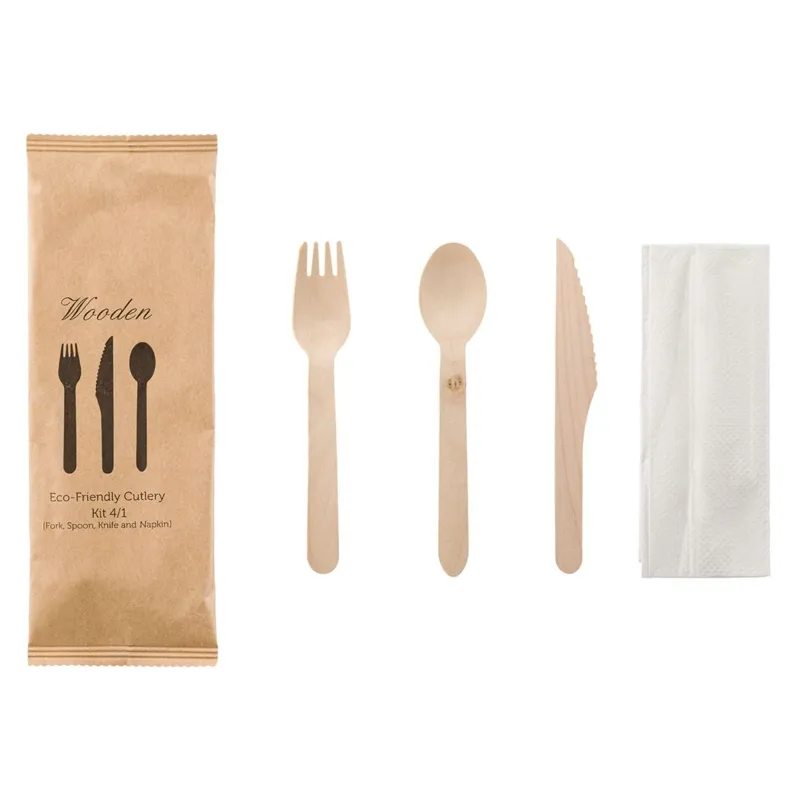 Set Tacamuri din Lemn, 8 buc, cu Furculiță, Cuțit, Lingură și Șervețel