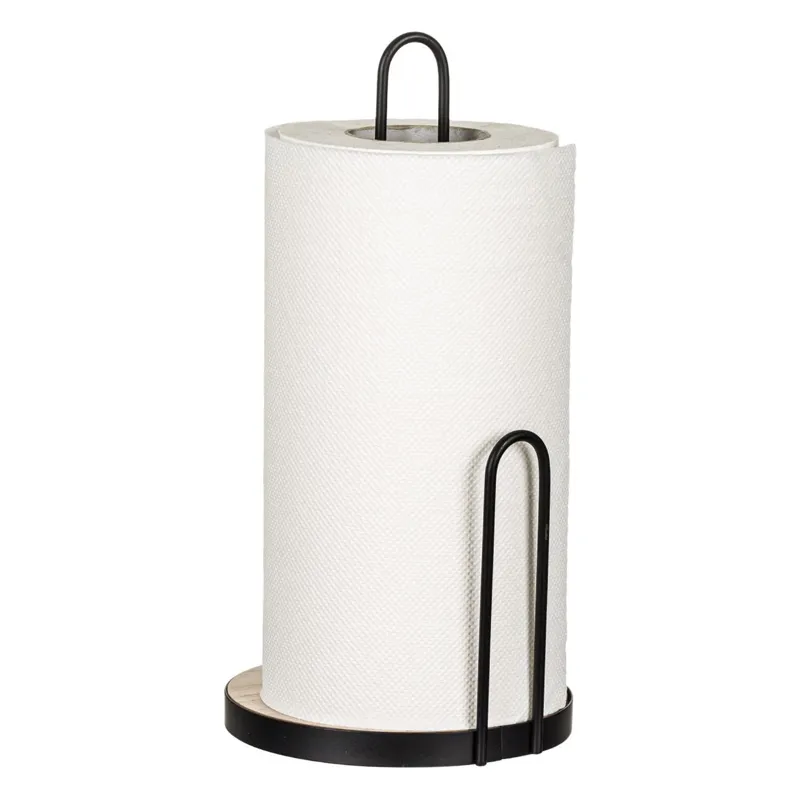 Suport Metalic Negru cu Baza de Lemn cu Stop pentru Prosoape de Hârtie, Ø15x30cm