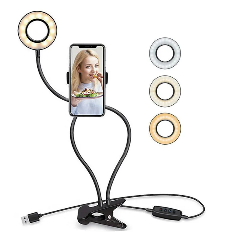 Suport Telefon cu Ring Light LED, 12W, Negru, Diametru 9cm