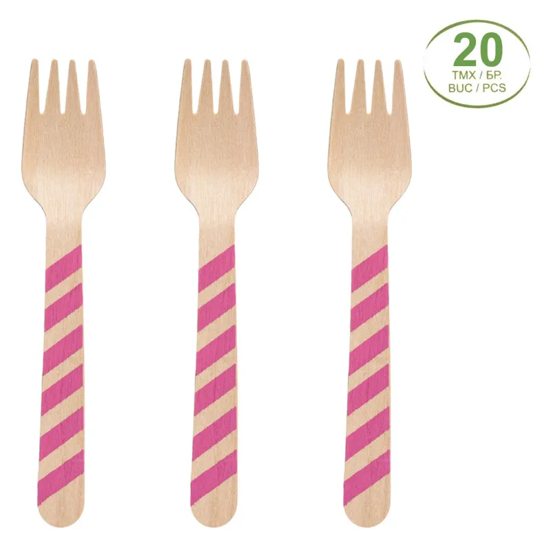 Furculite din lemn cu dungi fucsia – Set de 20 buc