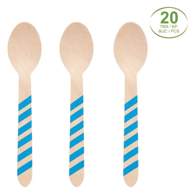 Set de linguri din lemn pentru petreceri – Design dungi albastre