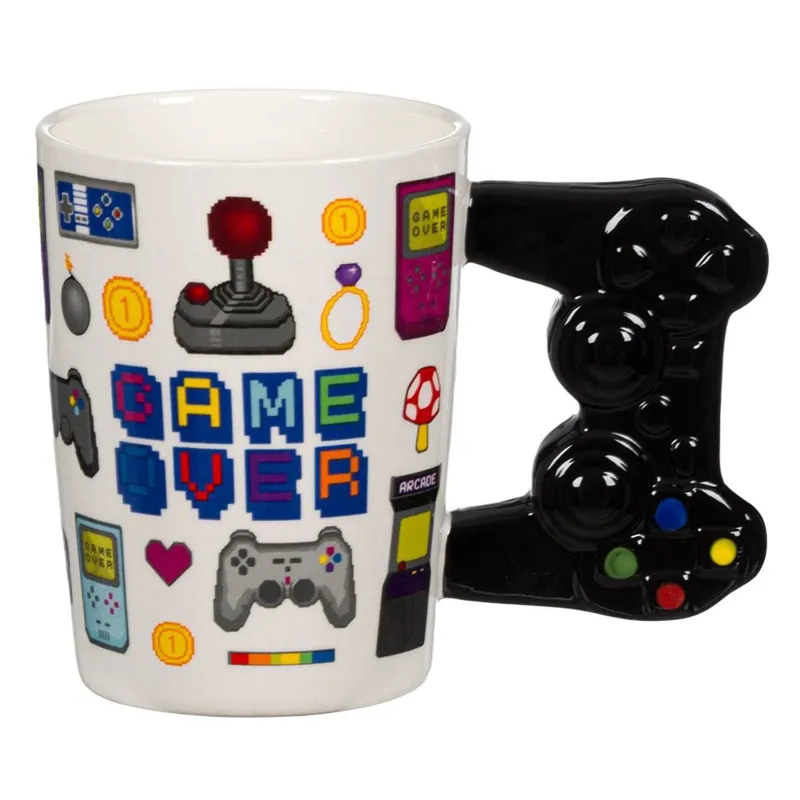 Cana decorativa ceramica cu maner joystick, 375 ml, alba, design gaming