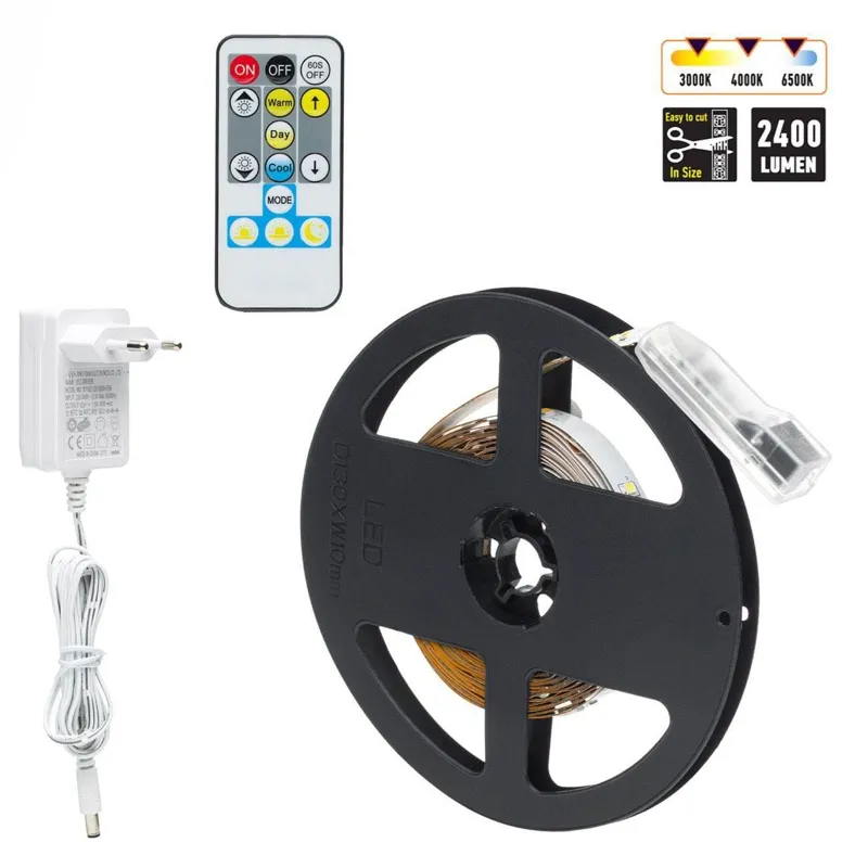 Bandă LED autocolantă, 5m, 60 LED/m, albă reglabilă 3000K-6500K, cu telecomandă și adaptor 12V
