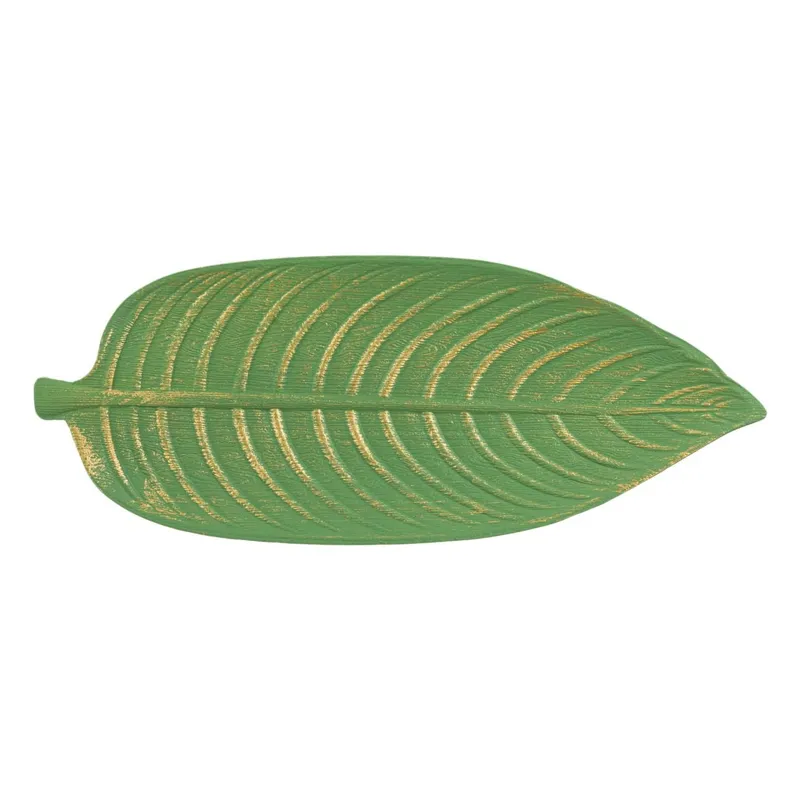 Suport Potpourri de Lemn Frunza Verde Brushed cu Detalii Aurii
