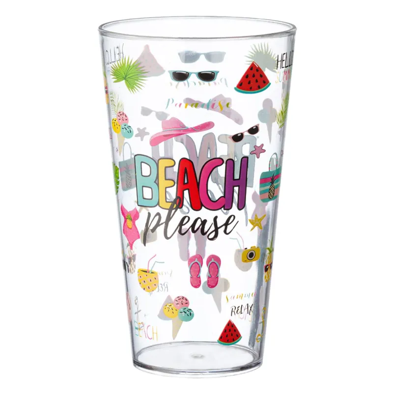 Pahar din plastic transparent cu imprimeu Beach Please, 600 ml