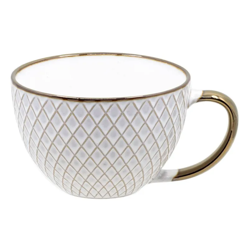 Set de căni ceramice bej cu maner bronz și model romburi