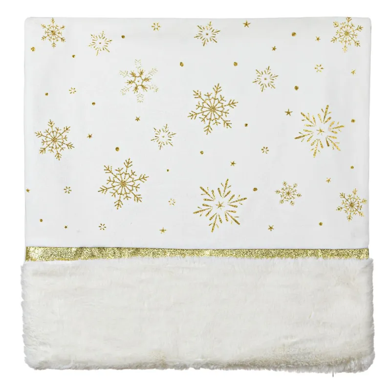 Față de pernă Crăciun Albă cu Fulgi Aurii Glitter și Blană Albă 45x45cm