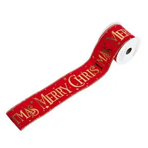 Panglică catifelată pentru brad de Crăciun, roșie cu auriu, Merry Christmas, 5m x 63mm