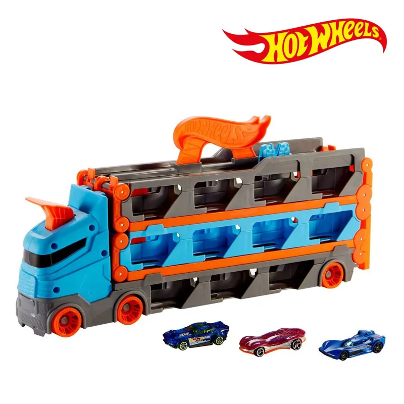 Camion cu pista de curse extensibila, Set cu 3 masinute, Albastru