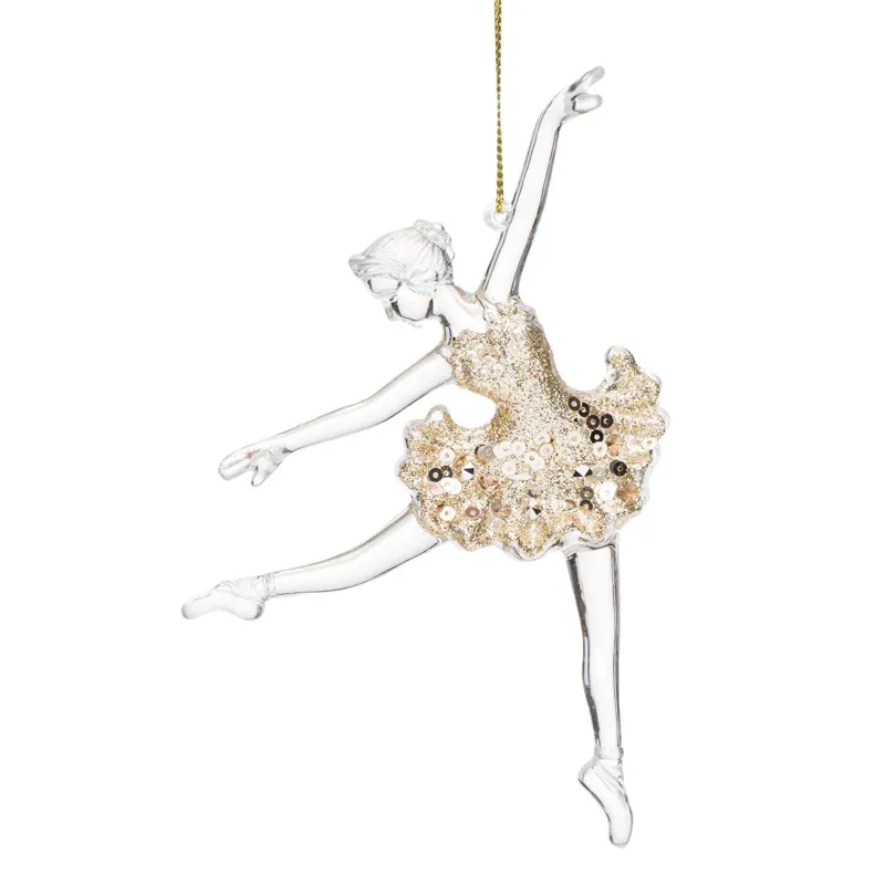 Ornament Brad de Crăciun Balerină Transparentă Bej cu Glitter 14cm
