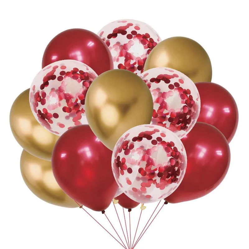 Baloane Metalizate de Petrecere, Roșii și Aurii cu Confetti, 30cm, 12 buc