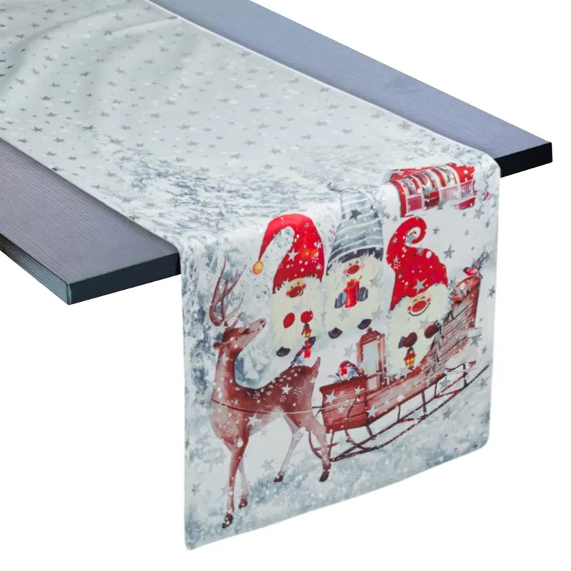 Runner Decorativ Crăciun Gnome Sanie Stele Argintii Velour