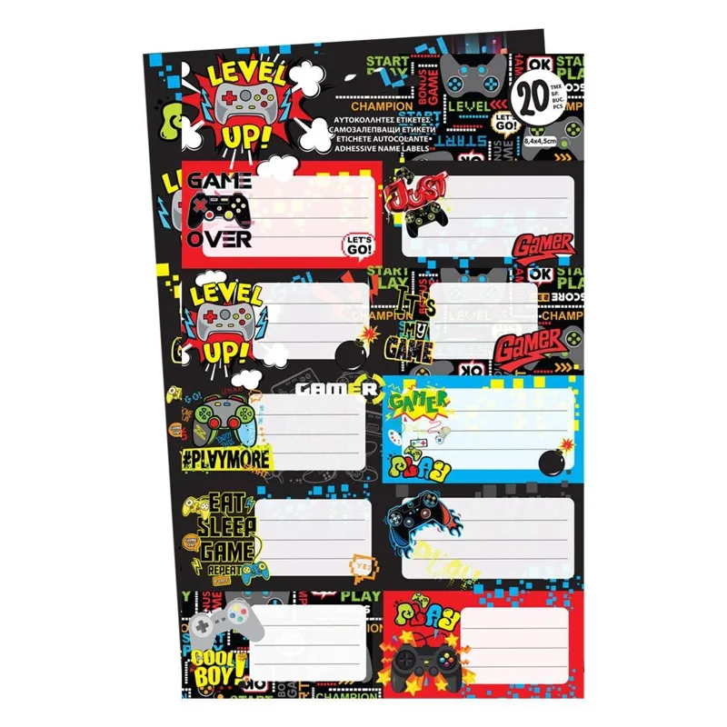 Etichete Autocolante Gamer pentru Caiete si Carti, 20 Bucati, 8.5x4.5 cm