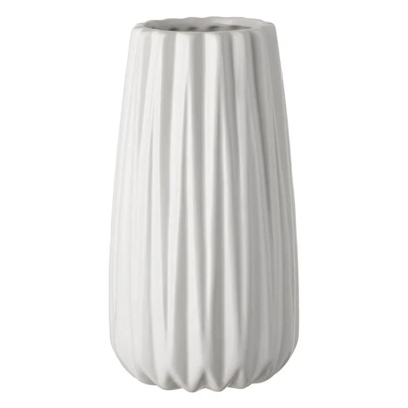 Vază decorativă din ceramică, albă cu dungi verticale, Ø12x19cm