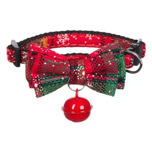 Zgardă festivă pentru pisici roșu cu carouri cu clopoțel
