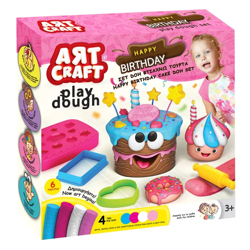 Set Plastilina Tort Zi de Nastere, 4 Culori, 50g fiecare, cu Forme pentru Decorat