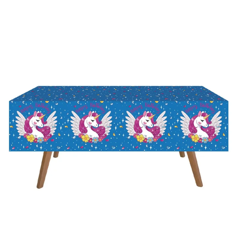 Față de masă din plastic cu model unicorn, 180x120 cm, albastru