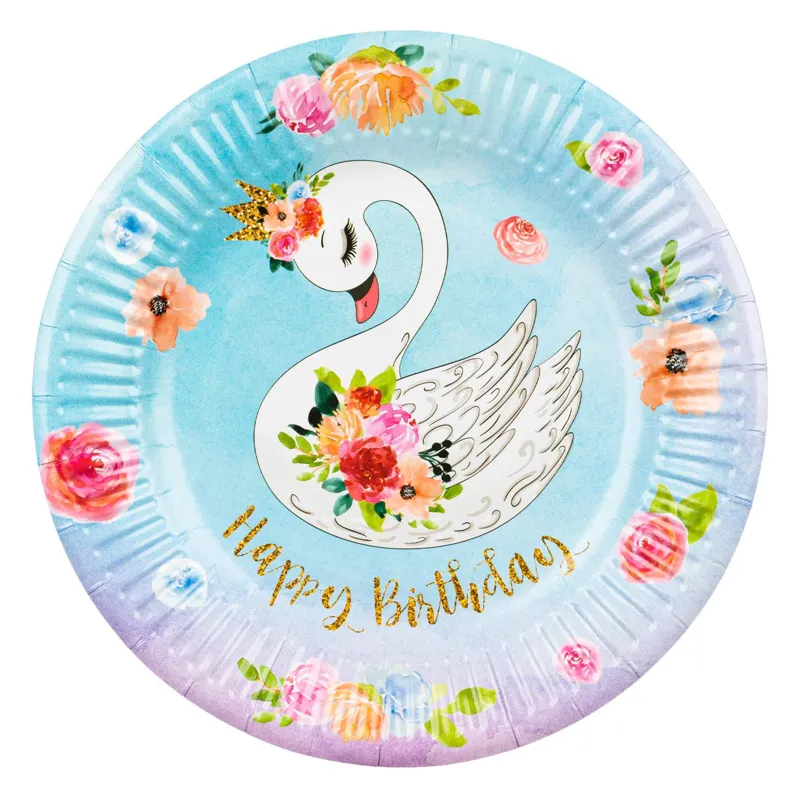 Farfurii de carton cu model lebada, 23 cm, set 6 buc, albastre