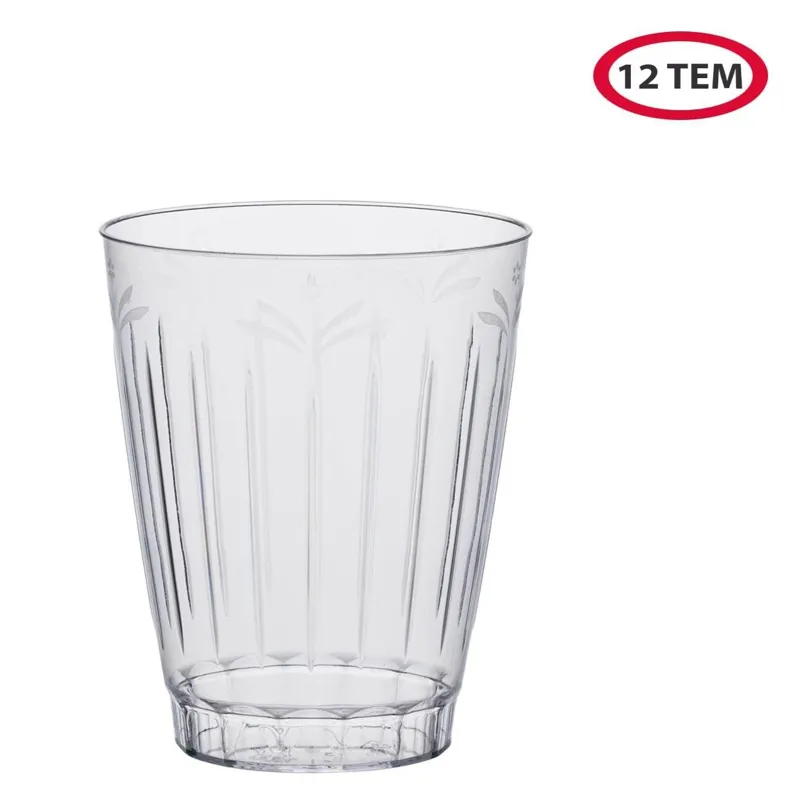 Set pahare rotunde din plastic transparent cu model floral, 300 ml, 12 bucți