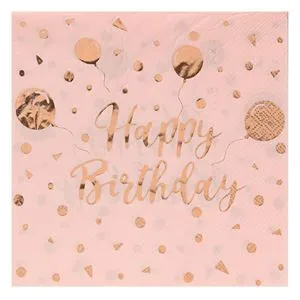Servetele de masa cu 2 straturi, Roz Aurii, Model Baloane Happy Birthday, 33x33cm, 12 buc