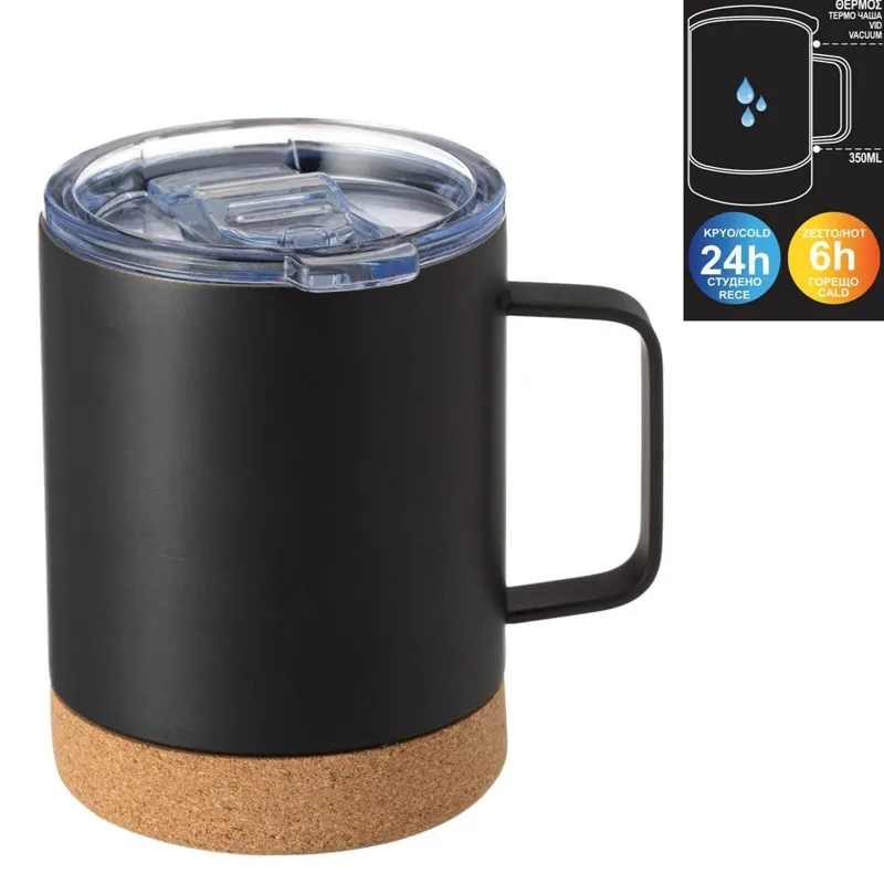 Cana Izoterma din Oțel Inoxidabil Neagră cu Bază din Plută 350ml