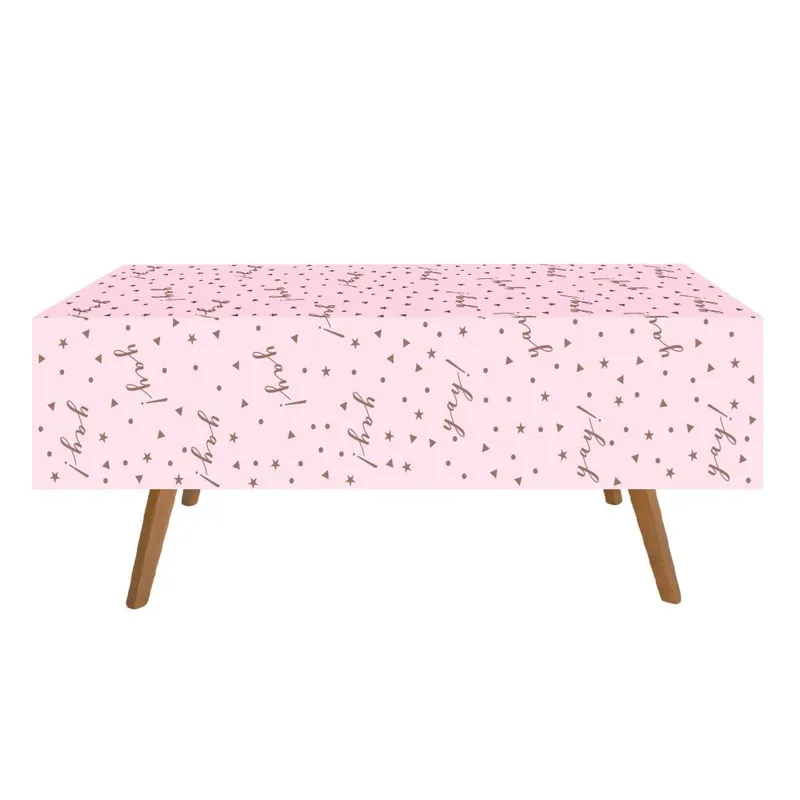 Față de masă din plastic, Roz, cu stele aurii și imprimeu Yay, 180x120 cm