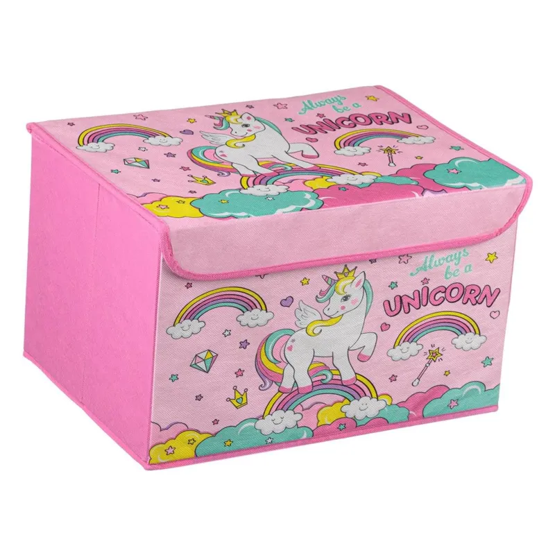 Cutie de depozitare textilă roz cu model unicorn, organizare spațiu